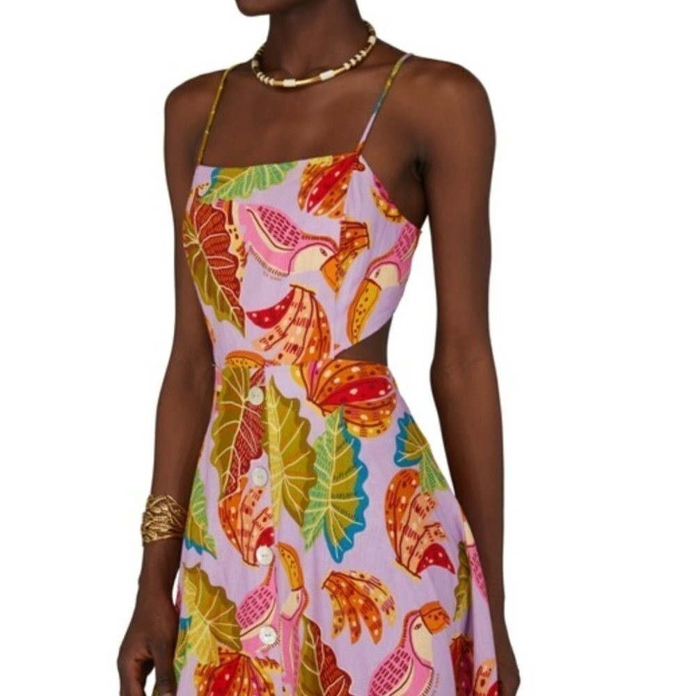 Farm Rio Lilac Beaks and Bananas Print Cutout Midi Dress Button Front Womens | M - Picture 3 of 16
